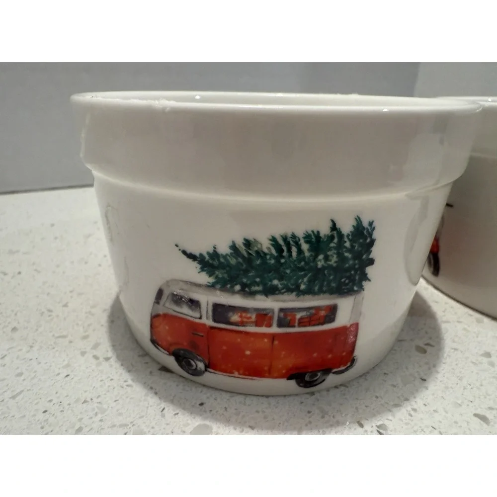 Ciroa Celebrate Christmas Ramekins Custard Cups VW‎ Van & Scooter Trees Set Of 2